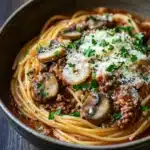 One pot pasta mit hack und pilzen - the image is a close-up of a bowl of spaghetti dish. the spaghetti is cooked al dente and is covered in a rich, red sauce with chunks of meat and mushrooms. the dish is garnished with chopped parsley and grated parmesan cheese. the bowl is sitting on a wooden table with a white napkin in the background. the overall color scheme of the dish is warm and inviting.