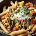One pot pasta with ground beef - the image shows a bowl of penne pasta with ground beef and tomato sauce. the pasta is cooked al dente and is topped with grated parmesan cheese. the dish is garnished with fresh parsley and there is a slice of cheese on the side. the bowl is sitting on a wooden table with a gray cloth napkin and a sprig of parsley in the background. the overall color scheme of the dish is warm and inviting.
