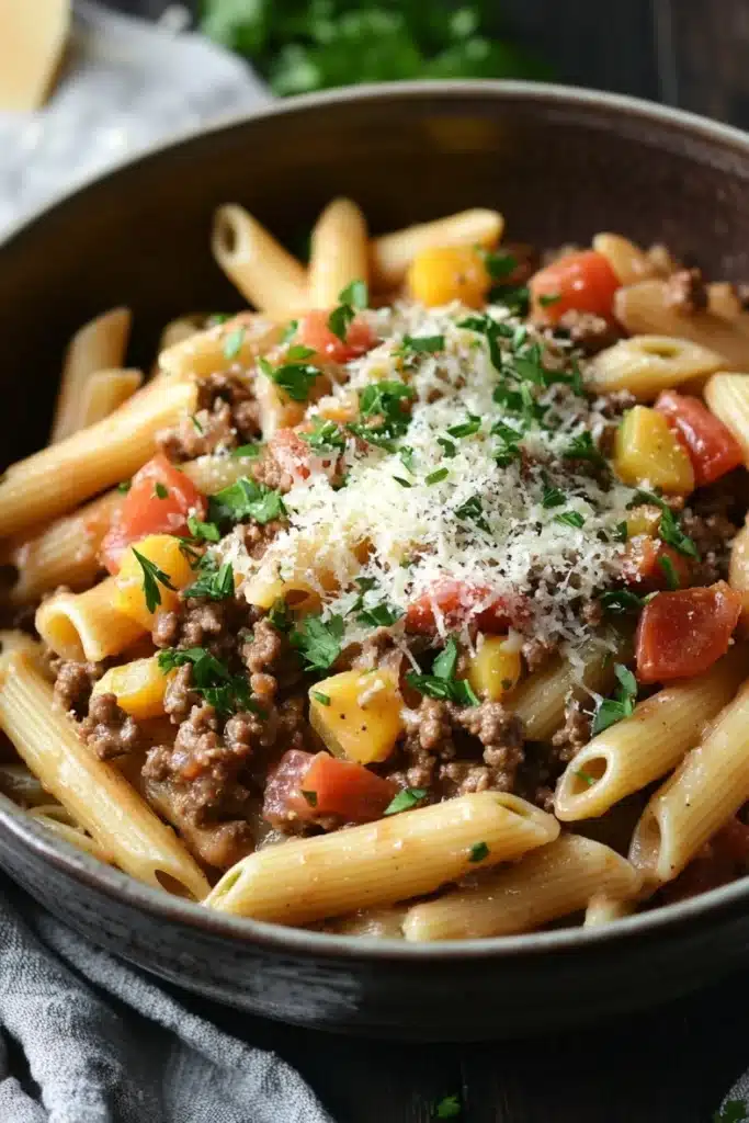 One pot pasta with ground beef - the image shows a bowl of penne pasta with ground beef and tomato sauce. the pasta is cooked al dente and is topped with grated parmesan cheese. the dish is garnished with fresh parsley and there is a slice of cheese on the side. the bowl is sitting on a wooden table with a gray cloth napkin and a sprig of parsley in the background. the overall color scheme of the dish is warm and inviting.