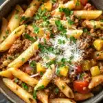 One pot pasta with ground beef - the image is a close-up of a bowl of pasta dish. the pasta appears to be penne, which is a type of penne pasta, and it is cooked in a tomato-based sauce. the dish is garnished with chopped parsley and grated parmesan cheese. there are also chunks of ground beef, diced tomatoes, and yellow bell peppers mixed in with the pasta. the bowl is made of ceramic and is sitting on a dark grey countertop.
