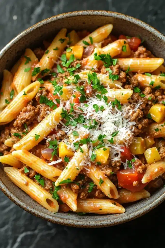 One pot pasta with ground beef - the image is a close-up of a bowl of pasta dish. the pasta appears to be penne, which is a type of penne pasta, and it is cooked in a tomato-based sauce. the dish is garnished with chopped parsley and grated parmesan cheese. there are also chunks of ground beef, diced tomatoes, and yellow bell peppers mixed in with the pasta. the bowl is made of ceramic and is sitting on a dark grey countertop.