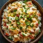 One pot queso chicken rice - the image is a close-up of a bowl of rice dish. the bowl is made of dark brown ceramic and is placed on a dark grey textured surface. the rice is white and fluffy, and it is topped with chunks of chicken, diced tomatoes, and green jalapeno peppers. the dish is garnished with fresh cilantro leaves. the overall appearance of the dish is colorful and appetizing.