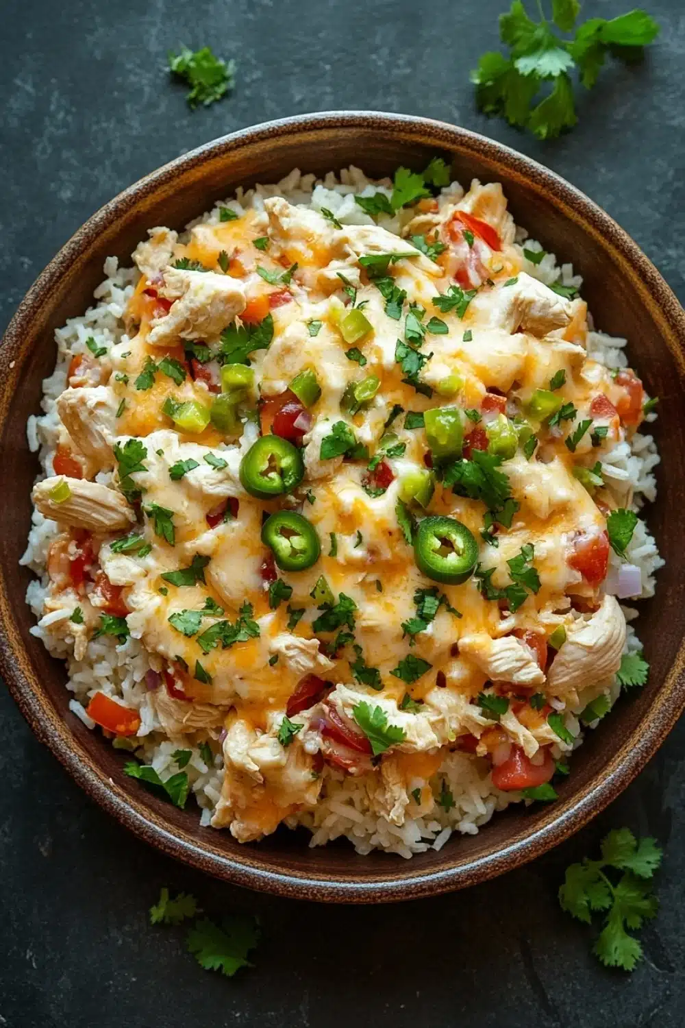 One pot queso chicken rice - the image is a close-up of a bowl of rice dish. the bowl is made of dark brown ceramic and is placed on a dark grey textured surface. the rice is white and fluffy, and it is topped with chunks of chicken, diced tomatoes, and green jalapeno peppers. the dish is garnished with fresh cilantro leaves. the overall appearance of the dish is colorful and appetizing.