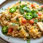 One pot queso chicken rice - the image shows a plate of rice dish with chicken and vegetables. the rice is a light brown color and appears to be cooked until it is soft and fluffy. the dish is garnished with fresh cilantro and jalapeno peppers. the chicken is cut into small pieces and is covered in melted cheese. there are also diced tomatoes and green peas scattered throughout the dish. the plate is sitting on a white tablecloth with a few sprigs of cilantro scattered around it.