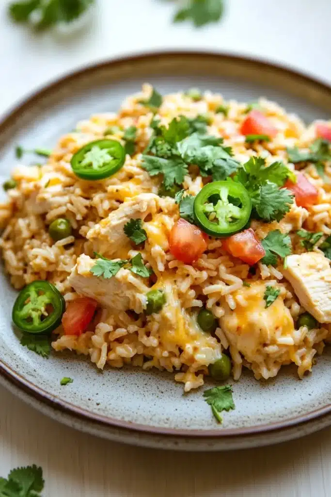 One pot queso chicken rice - the image shows a plate of rice dish with chicken and vegetables. the rice is a light brown color and appears to be cooked until it is soft and fluffy. the dish is garnished with fresh cilantro and jalapeno peppers. the chicken is cut into small pieces and is covered in melted cheese. there are also diced tomatoes and green peas scattered throughout the dish. the plate is sitting on a white tablecloth with a few sprigs of cilantro scattered around it.