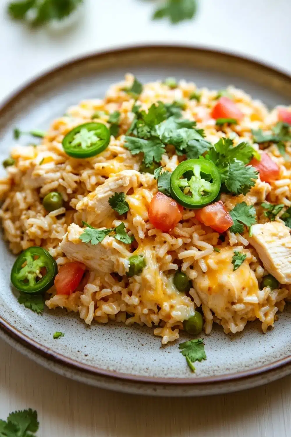One pot queso chicken rice - the image shows a plate of rice dish with chicken and vegetables. the rice is a light brown color and appears to be cooked until it is soft and fluffy. the dish is garnished with fresh cilantro and jalapeno peppers. the chicken is cut into small pieces and is covered in melted cheese. there are also diced tomatoes and green peas scattered throughout the dish. the plate is sitting on a white tablecloth with a few sprigs of cilantro scattered around it.