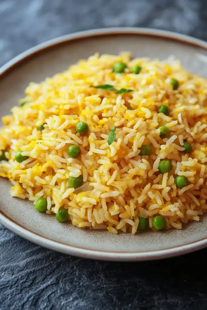 One pot rice - the image shows a plate of yellow rice with peas scattered on top. the rice appears to be cooked and has a fluffy texture. the peas are bright green and look fresh and vibrant. the plate is round and beige in color and is placed on a dark grey textured surface. the background is blurred, making the plate the focal point of the image.