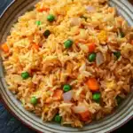 One pot rice - the image is a close-up of a plate of rice dish. the rice appears to be cooked and has a golden-brown color. it is mixed with various vegetables such as peas, carrots, and onions. the dish is garnished with a sprinkle of spices. the plate is round and has an orange rim. the background is dark, making the rice stand out.