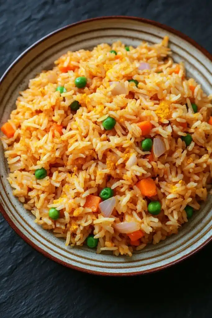 One pot rice - the image is a close-up of a plate of rice dish. the rice appears to be cooked and has a golden-brown color. it is mixed with various vegetables such as peas, carrots, and onions. the dish is garnished with a sprinkle of spices. the plate is round and has an orange rim. the background is dark, making the rice stand out.