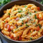 Pasta dinner for kids - the image is a close-up of a bowl of pasta dish. the pasta appears to be fusilli, which is a type of spiral-shaped pasta, and is covered in a tomato-based sauce. the sauce is a bright orange color and has chunks of red bell peppers and onions scattered throughout. the dish is garnished with chopped parsley and grated parmesan cheese. the bowl is made of dark brown ceramic and is sitting on a dark wooden table. there are a few sprigs of parsley scattered around the bowl, adding a pop of green color to the dish.