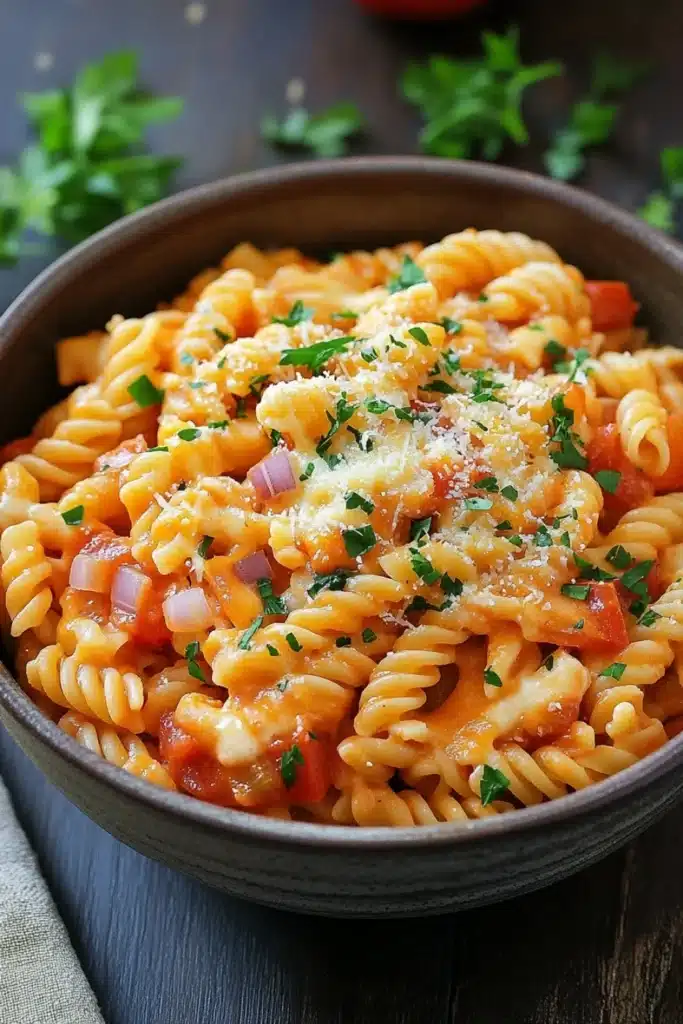 Pasta dinner for kids - the image is a close-up of a bowl of pasta dish. the pasta appears to be fusilli, which is a type of spiral-shaped pasta, and is covered in a tomato-based sauce. the sauce is a bright orange color and has chunks of red bell peppers and onions scattered throughout. the dish is garnished with chopped parsley and grated parmesan cheese. the bowl is made of dark brown ceramic and is sitting on a dark wooden table. there are a few sprigs of parsley scattered around the bowl, adding a pop of green color to the dish.