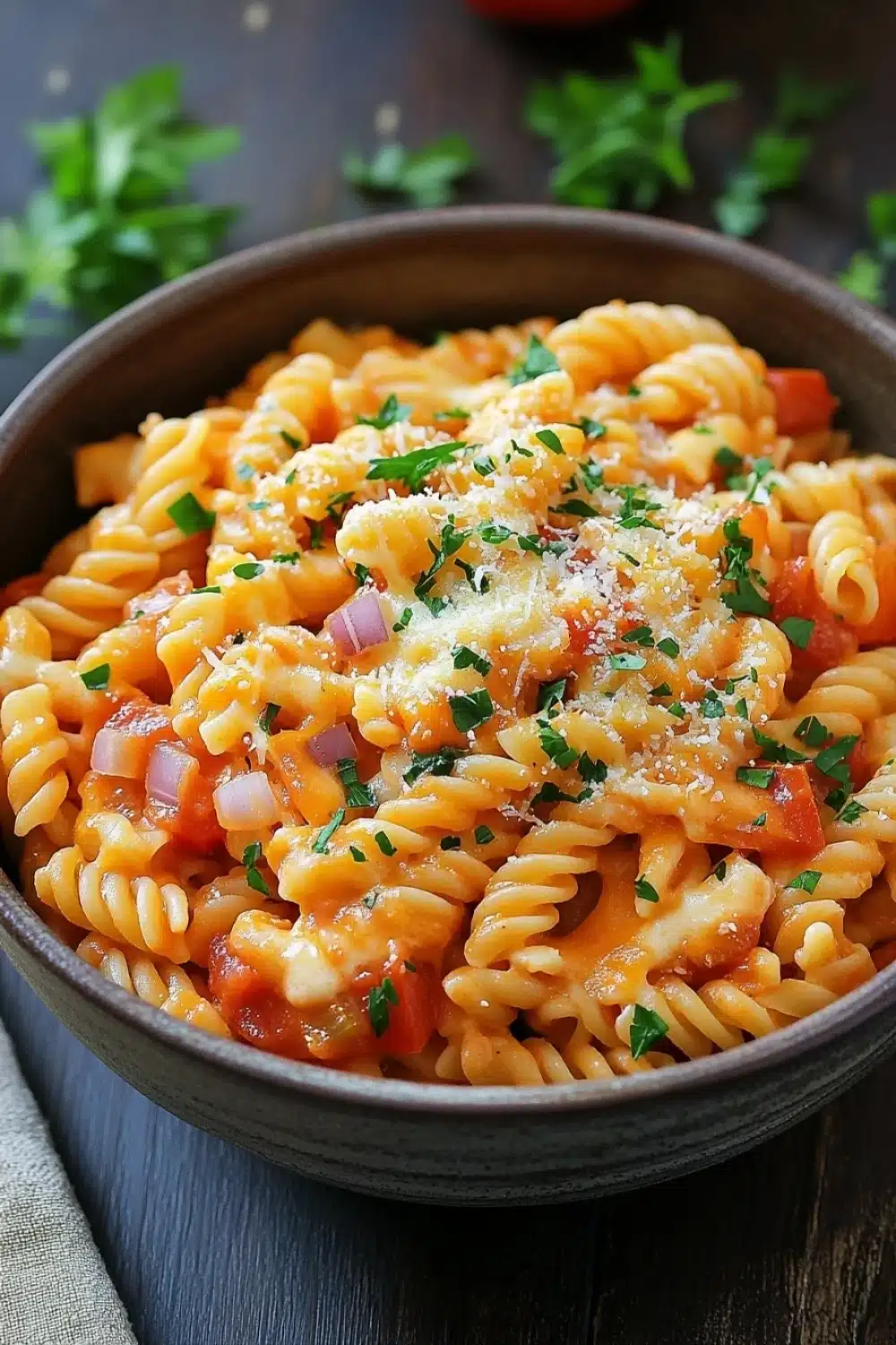 Pasta dinner for kids - the image is a close-up of a bowl of pasta dish. the pasta appears to be fusilli, which is a type of spiral-shaped pasta, and is covered in a tomato-based sauce. the sauce is a bright orange color and has chunks of red bell peppers and onions scattered throughout. the dish is garnished with chopped parsley and grated parmesan cheese. the bowl is made of dark brown ceramic and is sitting on a dark wooden table. there are a few sprigs of parsley scattered around the bowl, adding a pop of green color to the dish.