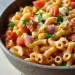Pasta dinner for kids - the image is a close-up of a bowl of macaroni and cheese. the bowl is made of ceramic and has a speckled pattern. the pasta is cooked al dente and is topped with diced tomatoes, red onions, and grated parmesan cheese. there are also some chopped parsley scattered around the bowl. the background is blurred, but it appears to be a wooden table or countertop.