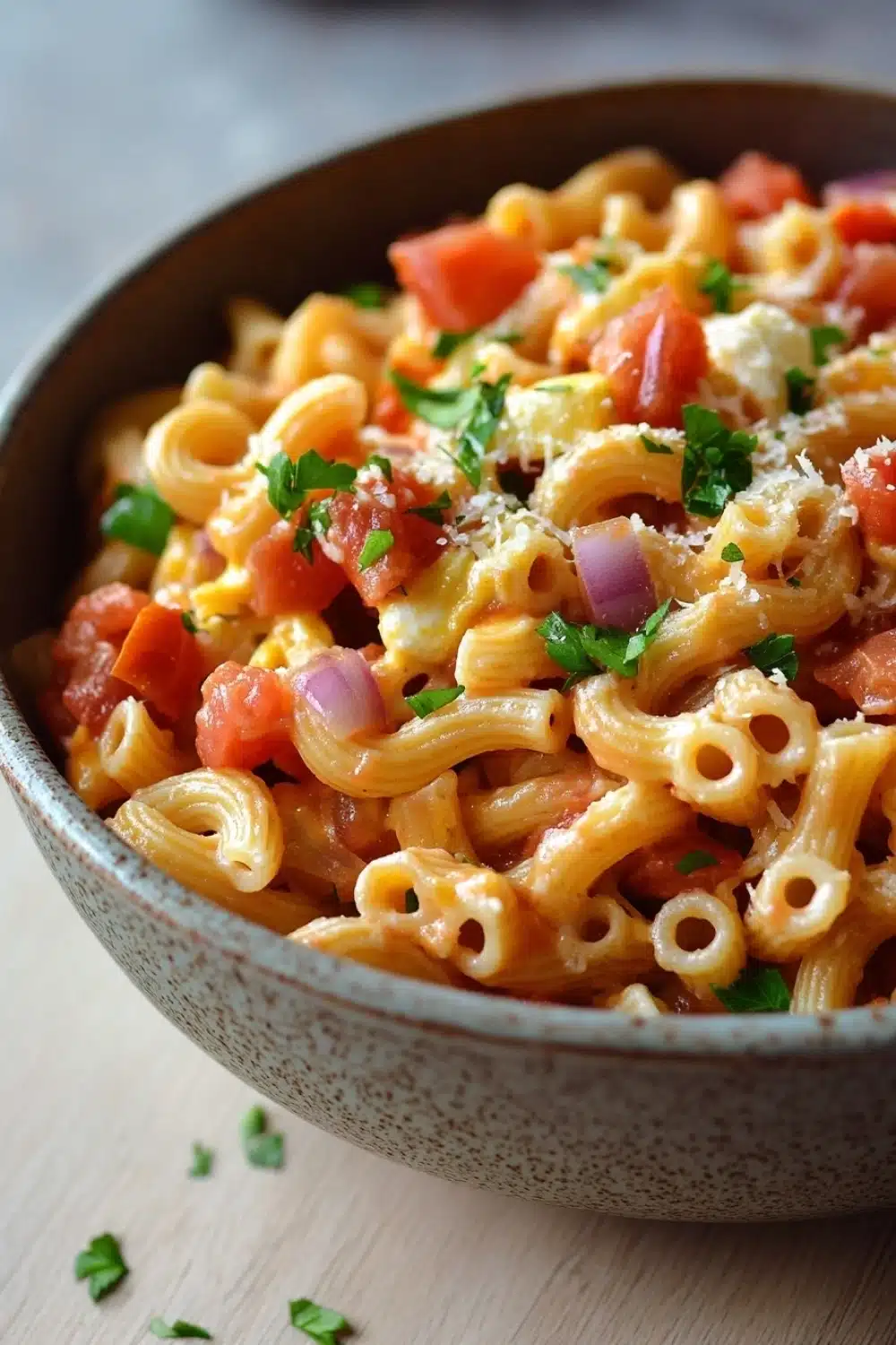 Pasta dinner for kids - the image is a close-up of a bowl of macaroni and cheese. the bowl is made of ceramic and has a speckled pattern. the pasta is cooked al dente and is topped with diced tomatoes, red onions, and grated parmesan cheese. there are also some chopped parsley scattered around the bowl. the background is blurred, but it appears to be a wooden table or countertop.