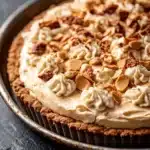 Peanut butter cookie crust dessert - the image is a close-up of a chocolate tart in a round baking dish. the tart has a golden brown crust and is topped with a generous layer of creamy white frosting. the frosting is drizzled with chopped nuts, giving it a crunchy texture. the nuts are scattered on top of the frosting, adding a pop of color to the dish. in the background, there is a white cloth napkin, suggesting that the tart is ready to be served. the overall aesthetic of the image is rustic and appetizing.