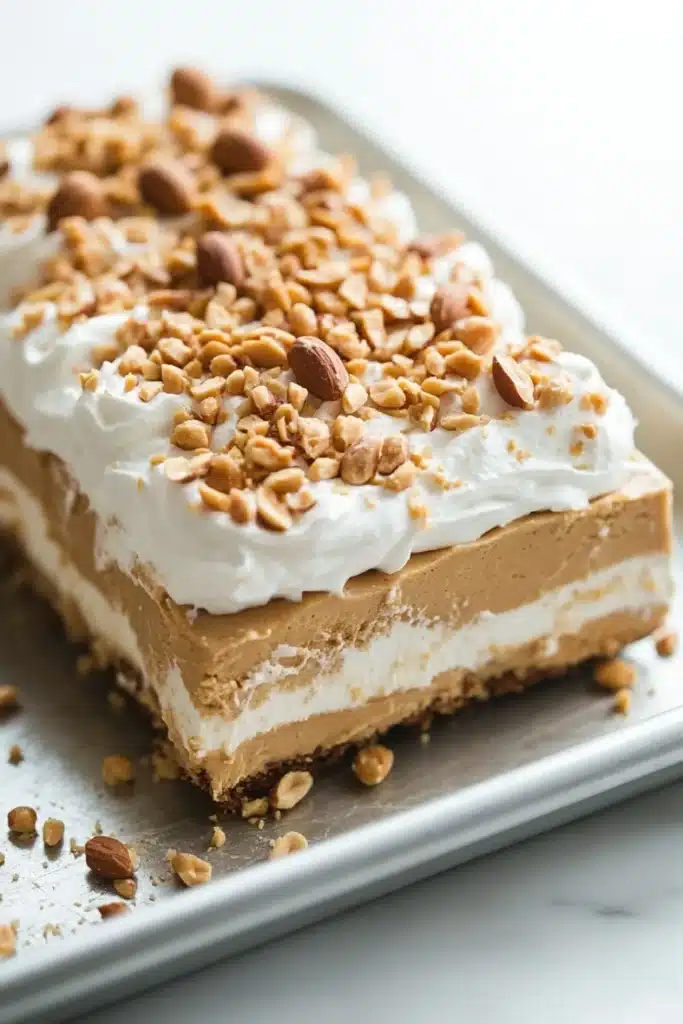 Peanut butter cookie layered dessert - the image is of a dessert on a silver tray. the dessert appears to be a layered dessert with a layer of peanut butter frosting on top. the frosting is white and fluffy, and there are scattered nuts on top of the frosting. the tray is sitting on a white marble countertop.