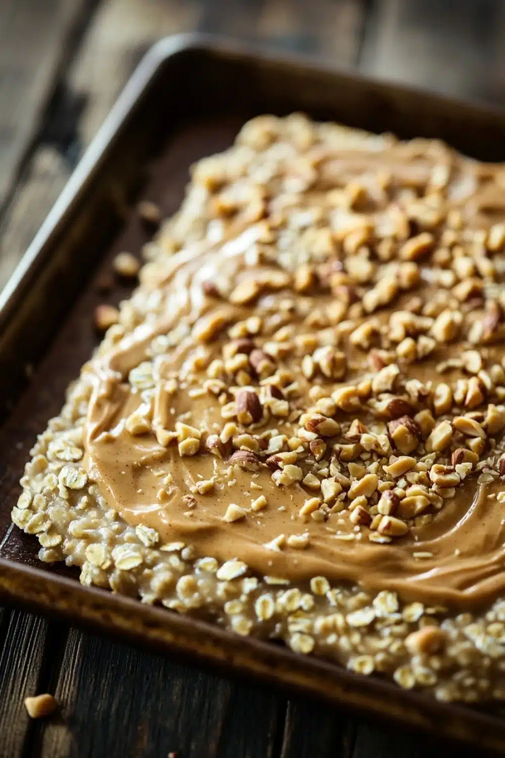 Peanut butter cookie oatmeal - the image shows a rectangular baking tray with a layer of peanut butter on top. the peanut butter is spread evenly over the top of the tray, creating a smooth and creamy texture. the tray is placed on a wooden table, and there are a few scattered nuts around the tray. the background is blurred, but it appears to be a rustic kitchen countertop.