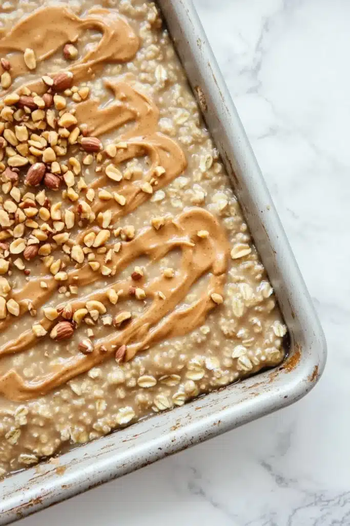 Peanut butter cookie oatmeal - the image shows a rectangular baking dish filled with oatmeal. the oatmeal is light brown in color and has a smooth texture. on top of the oatmeal, there is a generous amount of peanut butter spread in a swirl pattern. there are also a few scattered nuts on top. the dish is sitting on a white marble countertop.