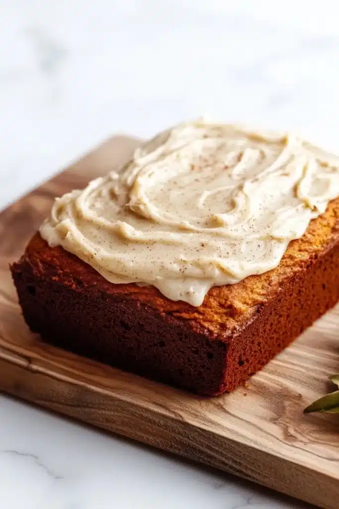 Pumpkin bread icing - the image shows a rectangular loaf of bread on a wooden cutting board. the bread appears to be freshly baked and has a golden brown color. on top of the bread, there is a generous layer of white frosting that is spread evenly across the top. the frosting has a smooth texture and looks like it has been freshly baked. there is a sprig of rosemary on the cutting board next to the bread. the background is a white marble countertop.