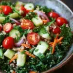 Quinoa kale salad - the image is a close-up of a bowl of salad. the salad is made up of various types of vegetables, including sliced cucumbers, red onions, and cherry tomatoes. the vegetables are arranged in a circular pattern, with some overlapping each other. the bowl is made of dark-colored wood and has a textured surface. the background is blurred, but it appears to be a wooden table or countertop.