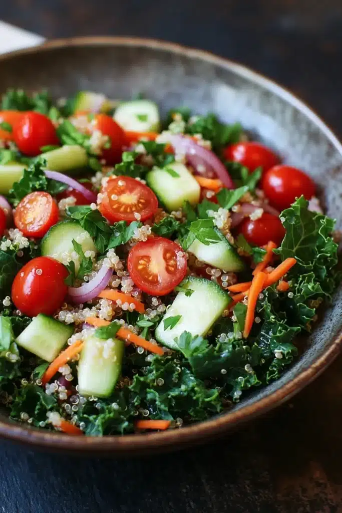 Quinoa kale salad - the image is a close-up of a bowl of salad. the salad is made up of various types of vegetables, including sliced cucumbers, red onions, and cherry tomatoes. the vegetables are arranged in a circular pattern, with some overlapping each other. the bowl is made of dark-colored wood and has a textured surface. the background is blurred, but it appears to be a wooden table or countertop.