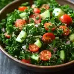 Quinoa kale salad - the image is a close-up of a bowl of salad on a wooden table. the salad is made up of a bed of green kale leaves, sliced cucumbers, cherry tomatoes, and red onions. the kale leaves are arranged in a circular pattern, with some overlapping each other. the tomatoes are bright red and appear to be ripe and juicy. the cucumbers are cut into small cubes and are scattered throughout the salad. the red onions are bright and add a pop of color to the dish. the bowl is brown and has a textured surface. the background is blurred, but it appears to be a rustic wooden table with a few sprigs of parsley scattered around.