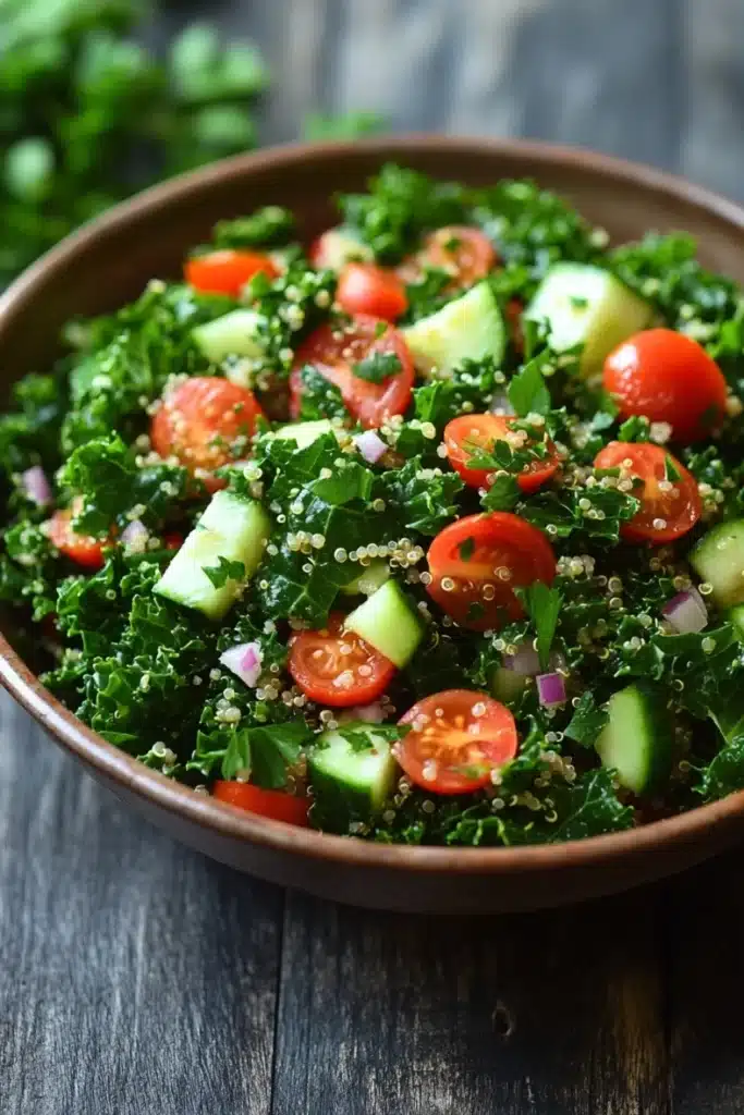 Quinoa kale salad - the image is a close-up of a bowl of salad on a wooden table. the salad is made up of a bed of green kale leaves, sliced cucumbers, cherry tomatoes, and red onions. the kale leaves are arranged in a circular pattern, with some overlapping each other. the tomatoes are bright red and appear to be ripe and juicy. the cucumbers are cut into small cubes and are scattered throughout the salad. the red onions are bright and add a pop of color to the dish. the bowl is brown and has a textured surface. the background is blurred, but it appears to be a rustic wooden table with a few sprigs of parsley scattered around.