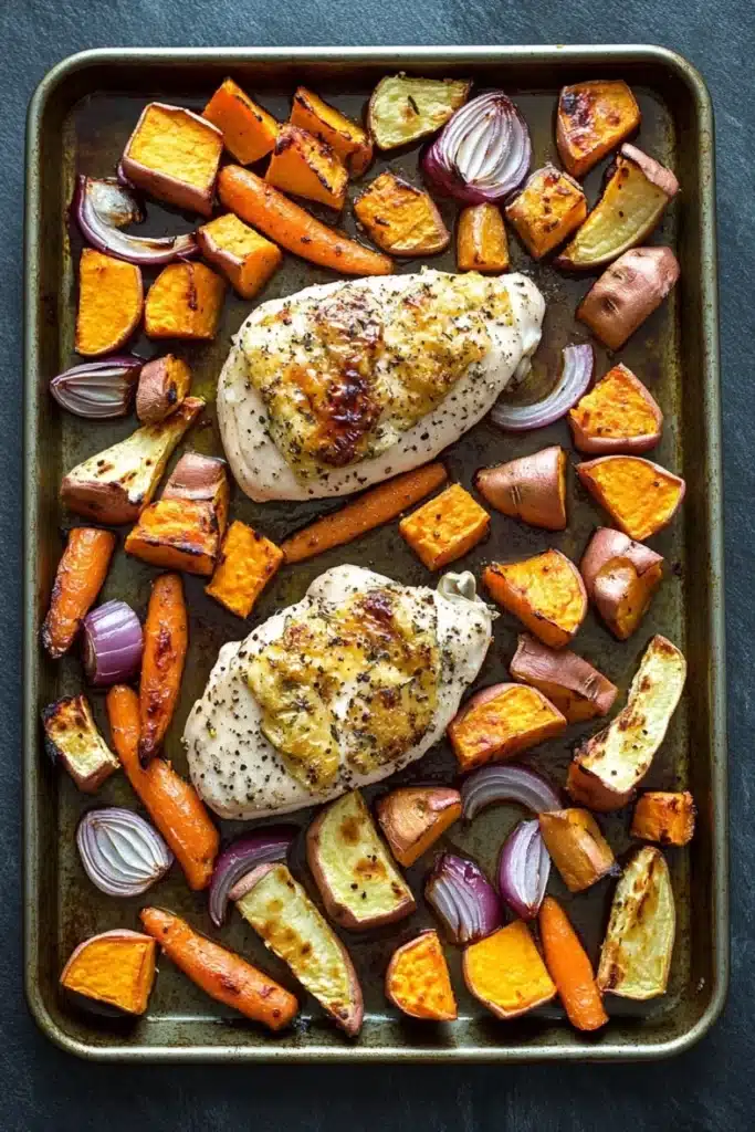 Roasted chicken breast and root vegetables - the image shows a baking tray with two pieces of chicken and roasted vegetables. the chicken is golden brown and appears to be seasoned with herbs and spices. the vegetables are cut into small cubes and are arranged around the chicken. there are also some red onions and carrots scattered throughout the tray. the tray is lined with parchment paper and is placed on a dark grey countertop.