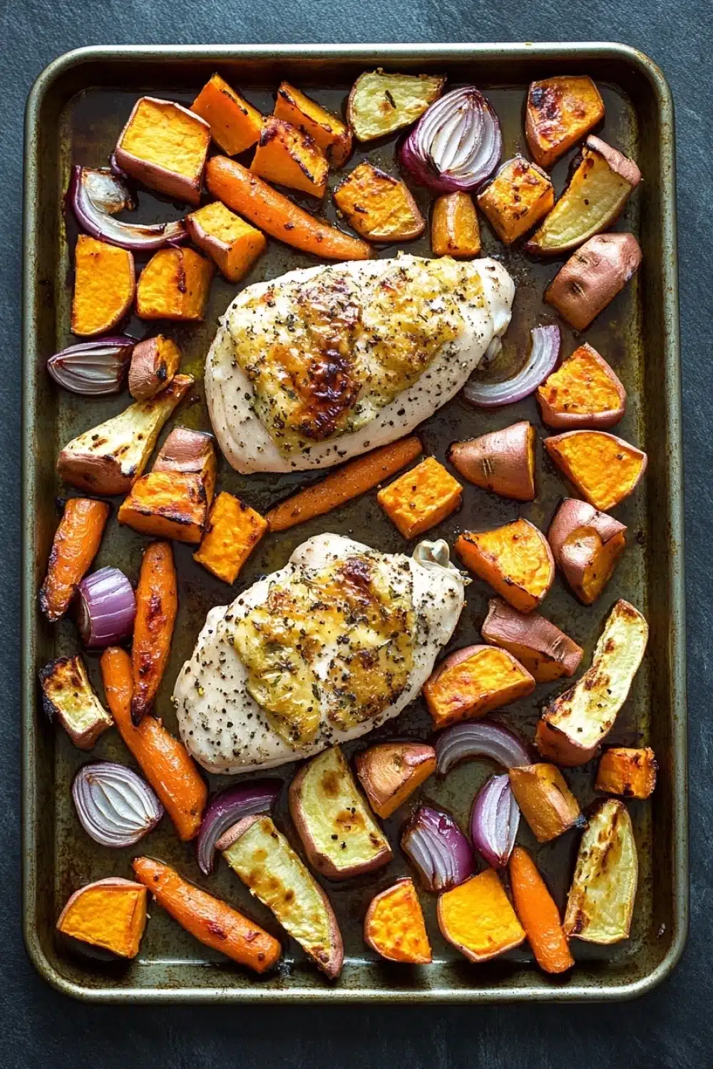Roasted chicken breast and root vegetables - the image shows a baking tray with two pieces of chicken and roasted vegetables. the chicken is golden brown and appears to be seasoned with herbs and spices. the vegetables are cut into small cubes and are arranged around the chicken. there are also some red onions and carrots scattered throughout the tray. the tray is lined with parchment paper and is placed on a dark grey countertop.