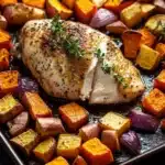 Roasted chicken breast and root vegetables - the image shows a large rectangular baking tray with a whole chicken breast on it. the chicken breast is golden brown and appears to be seasoned with herbs and spices. it is surrounded by roasted sweet potatoes and red onions. the potatoes are cut into small cubes and are arranged in a circular pattern around the chicken breast. the onions are also roasted and have a reddish-brown color. the tray is sitting on a dark grey countertop.
