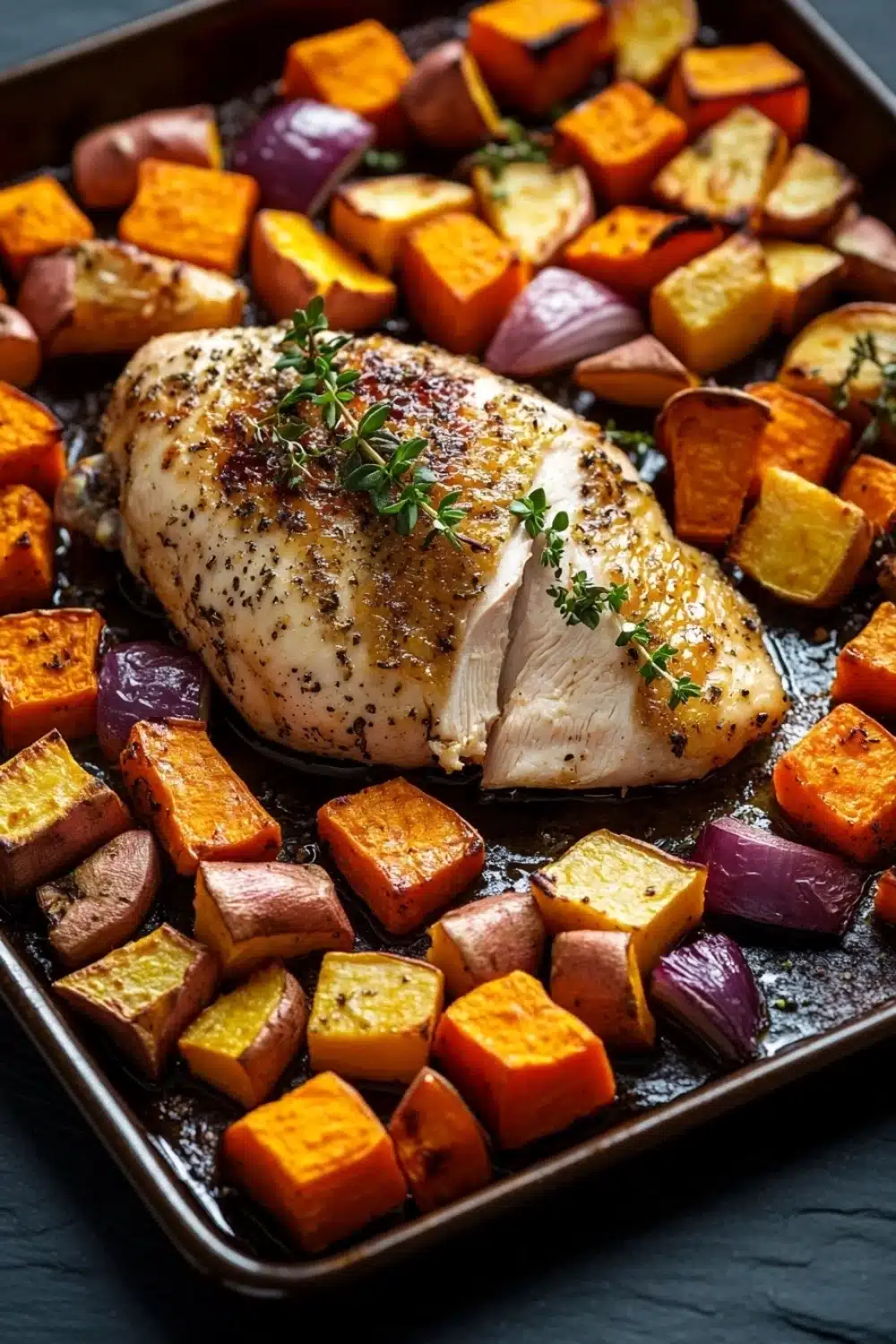 Roasted chicken breast and root vegetables - the image shows a large rectangular baking tray with a whole chicken breast on it. the chicken breast is golden brown and appears to be seasoned with herbs and spices. it is surrounded by roasted sweet potatoes and red onions. the potatoes are cut into small cubes and are arranged in a circular pattern around the chicken breast. the onions are also roasted and have a reddish-brown color. the tray is sitting on a dark grey countertop.