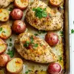 Sheet pan chicken breast and potatoes dinner - the image shows a baking tray with two pieces of chicken and roasted potatoes. the chicken is golden brown and appears to be seasoned with herbs and spices. the potatoes are red and have a crispy texture. they are arranged in a single layer on the tray, with some of them overlapping each other. there is a sprig of parsley on top of the chicken, adding a pop of green color to the dish. the tray is lined with parchment paper and is sitting on a white marble countertop.