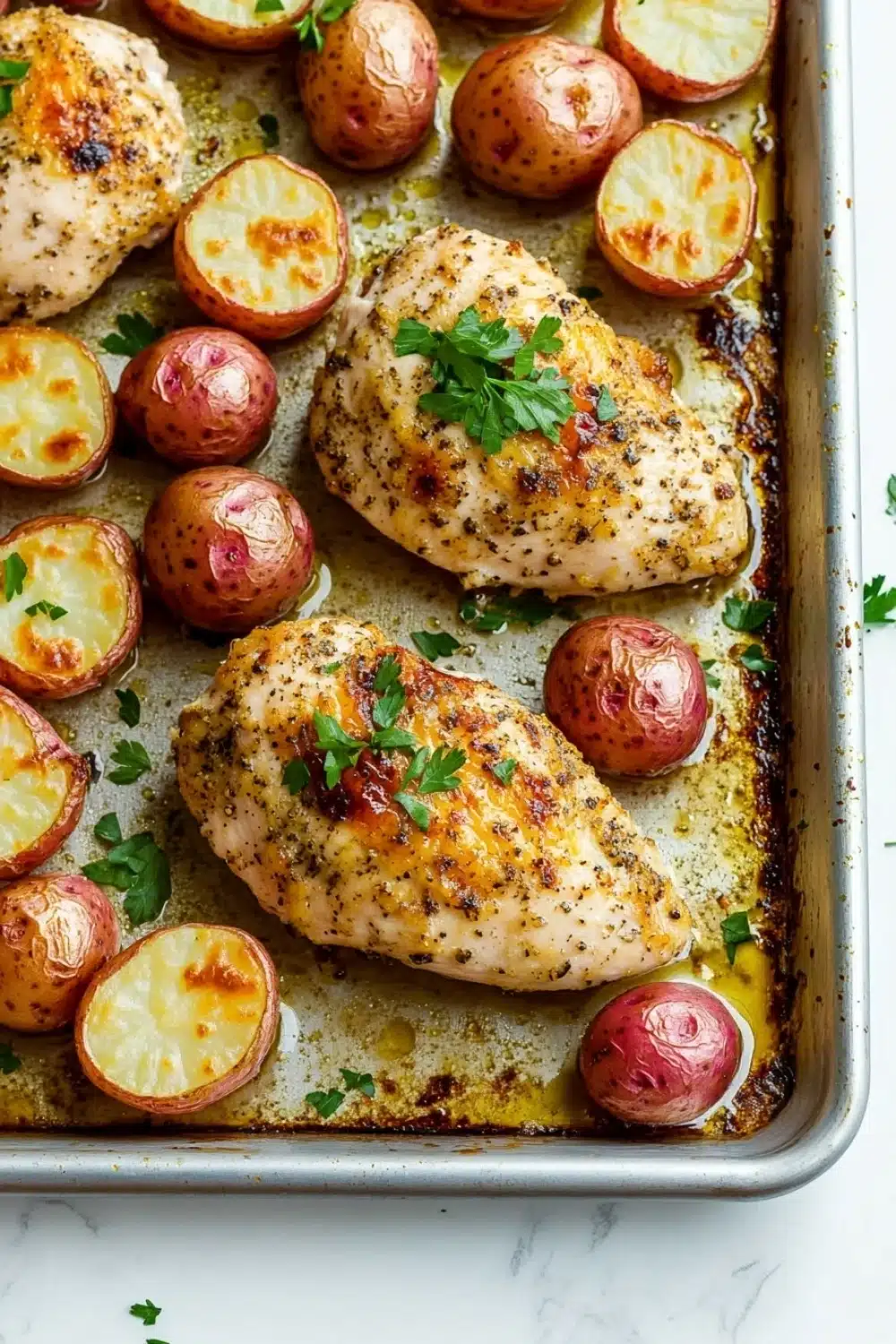 Sheet pan chicken breast and potatoes dinner - the image shows a baking tray with two pieces of chicken and roasted potatoes. the chicken is golden brown and appears to be seasoned with herbs and spices. the potatoes are red and have a crispy texture. they are arranged in a single layer on the tray, with some of them overlapping each other. there is a sprig of parsley on top of the chicken, adding a pop of green color to the dish. the tray is lined with parchment paper and is sitting on a white marble countertop.