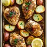 Sheet pan chicken breast and potatoes dinner - the image shows a baking tray filled with cooked chicken and potatoes. the chicken is golden brown and appears to be seasoned with herbs and spices. the potatoes are cut into small cubes and are arranged in a single layer on the tray. there are also two lemon wedges on the side of the tray, adding a pop of color to the dish. the tray is lined with parchment paper and is placed on a wooden surface.