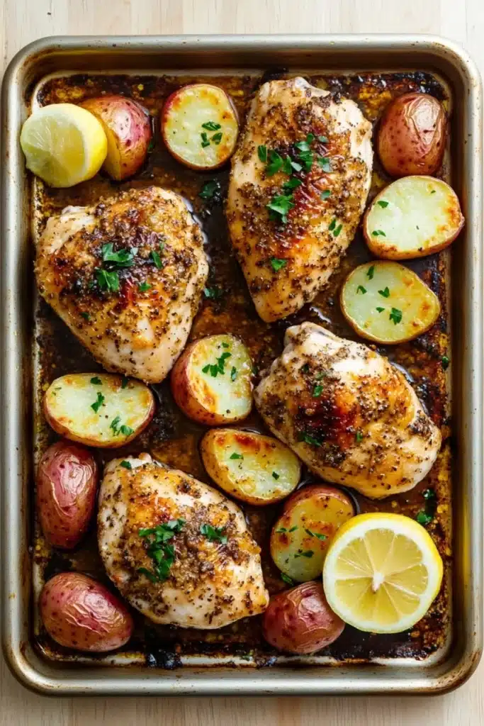 Sheet pan chicken breast and potatoes dinner - the image shows a baking tray filled with cooked chicken and potatoes. the chicken is golden brown and appears to be seasoned with herbs and spices. the potatoes are cut into small cubes and are arranged in a single layer on the tray. there are also two lemon wedges on the side of the tray, adding a pop of color to the dish. the tray is lined with parchment paper and is placed on a wooden surface.