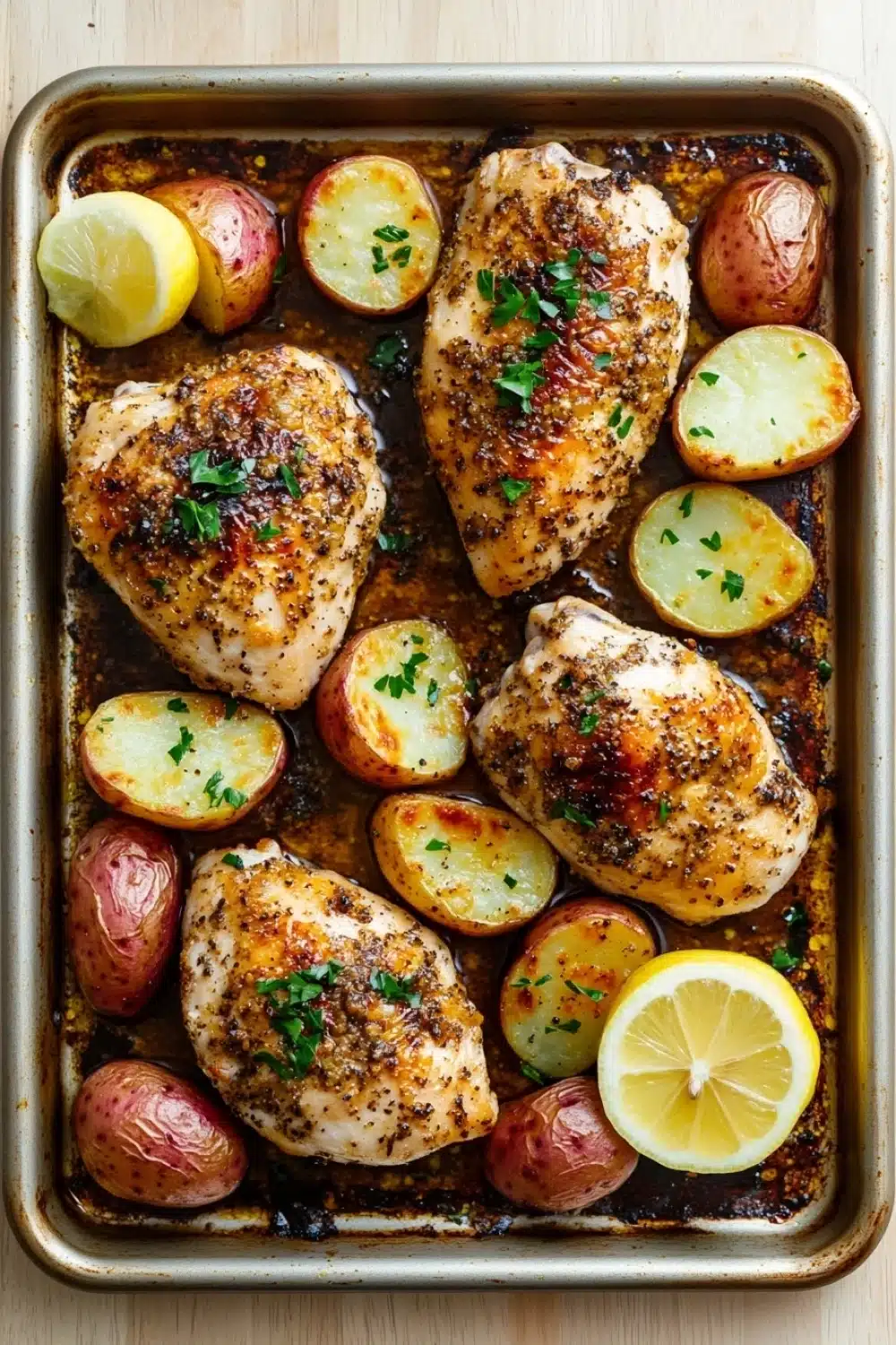 Sheet pan chicken breast and potatoes dinner - the image shows a baking tray filled with cooked chicken and potatoes. the chicken is golden brown and appears to be seasoned with herbs and spices. the potatoes are cut into small cubes and are arranged in a single layer on the tray. there are also two lemon wedges on the side of the tray, adding a pop of color to the dish. the tray is lined with parchment paper and is placed on a wooden surface.