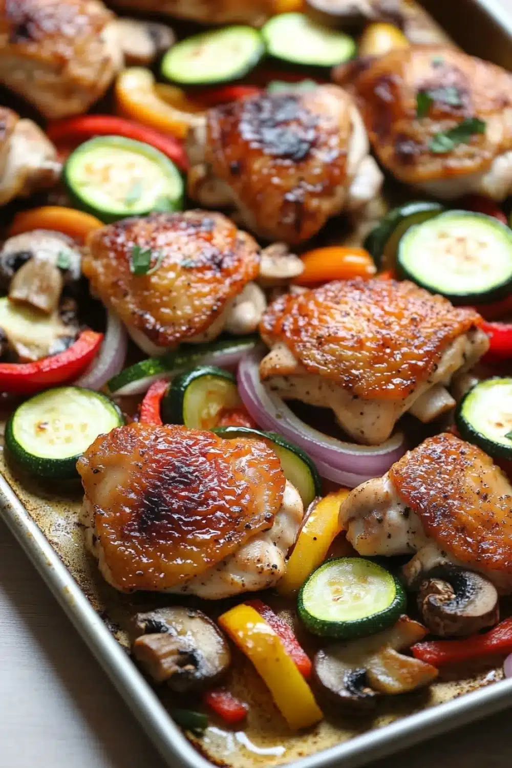 Sheet pan hibachi chicken and vegetables - the image shows a baking tray filled with grilled chicken and vegetables. the chicken is golden brown and appears to be seasoned with herbs and spices. the vegetables include sliced zucchini, red bell peppers, and mushrooms. the tray is lined with parchment paper and is sitting on a wooden table. the background is blurred, but it seems to be a kitchen countertop.