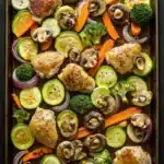 Sheet pan hibachi chicken and vegetables - the image shows a rectangular baking tray filled with a variety of vegetables. on the left side of the tray, there are sliced zucchini, carrots, mushrooms, and broccoli. the vegetables are arranged in a colorful and appetizing manner, with some overlapping each other. the tray is placed on a dark wooden table, and the background is blurred, making the tray the focal point of the image.