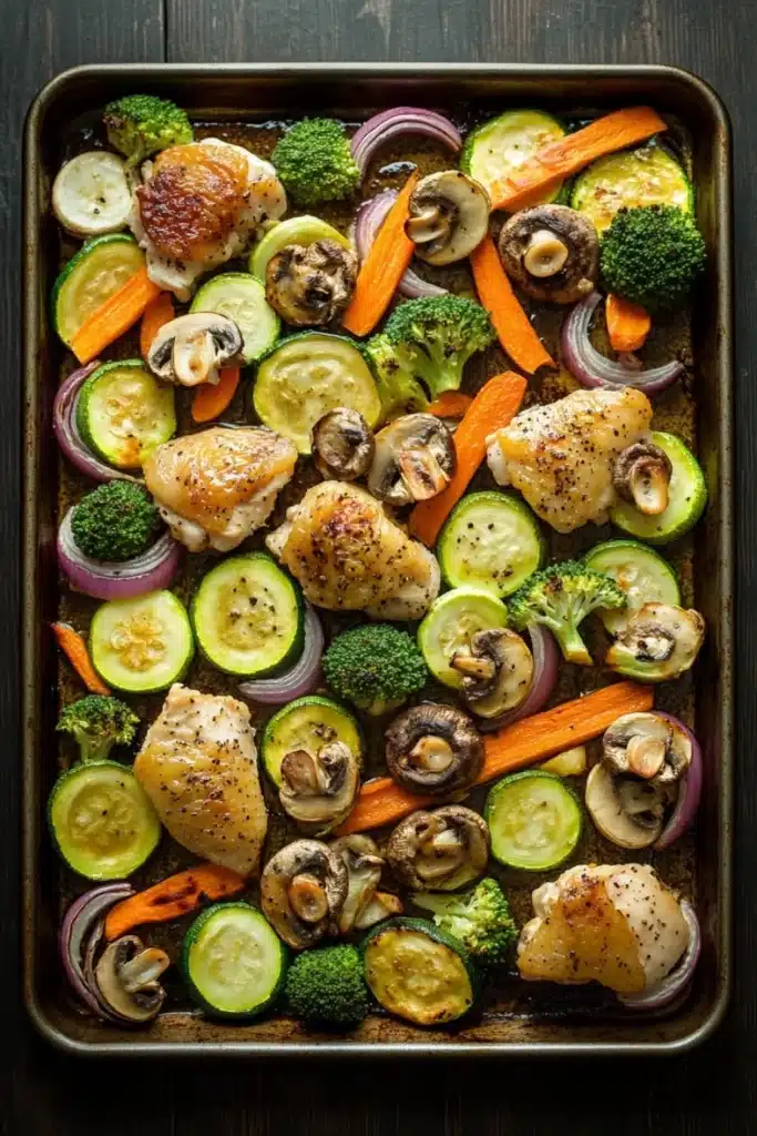 Sheet pan hibachi chicken and vegetables - the image shows a rectangular baking tray filled with a variety of vegetables. on the left side of the tray, there are sliced zucchini, carrots, mushrooms, and broccoli. the vegetables are arranged in a colorful and appetizing manner, with some overlapping each other. the tray is placed on a dark wooden table, and the background is blurred, making the tray the focal point of the image.