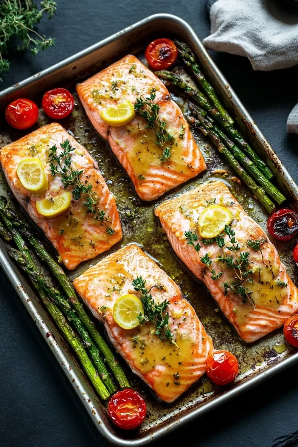 Sheet pan lemon brown butter salmon - the image shows four pieces of salmon fillets on a baking tray. the salmon is cooked to a golden brown color and is garnished with lemon wedges and fresh herbs. the tray is lined with asparagus spears and cherry tomatoes, and there is a sprig of thyme on the side. the background is a dark grey countertop with a white cloth napkin and a black and white striped napkin on the right side.