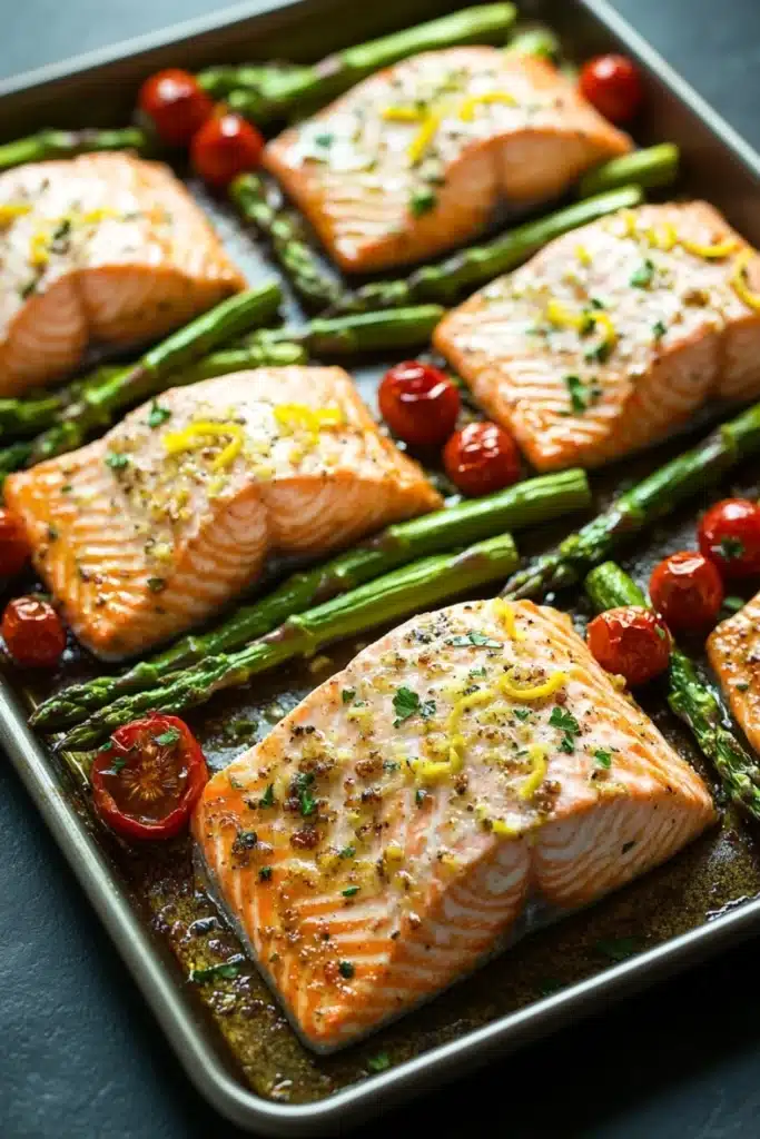 Sheet pan lemon brown butter salmon - the image shows a baking tray with six pieces of salmon and asparagus. the salmon is cooked to a golden brown color and appears to be seasoned with herbs and spices. the asparaglips are bright green and are arranged in a single layer on the tray. there are also small red cherry tomatoes scattered around the tray, adding a pop of color to the dish. the tray is sitting on a dark grey countertop.