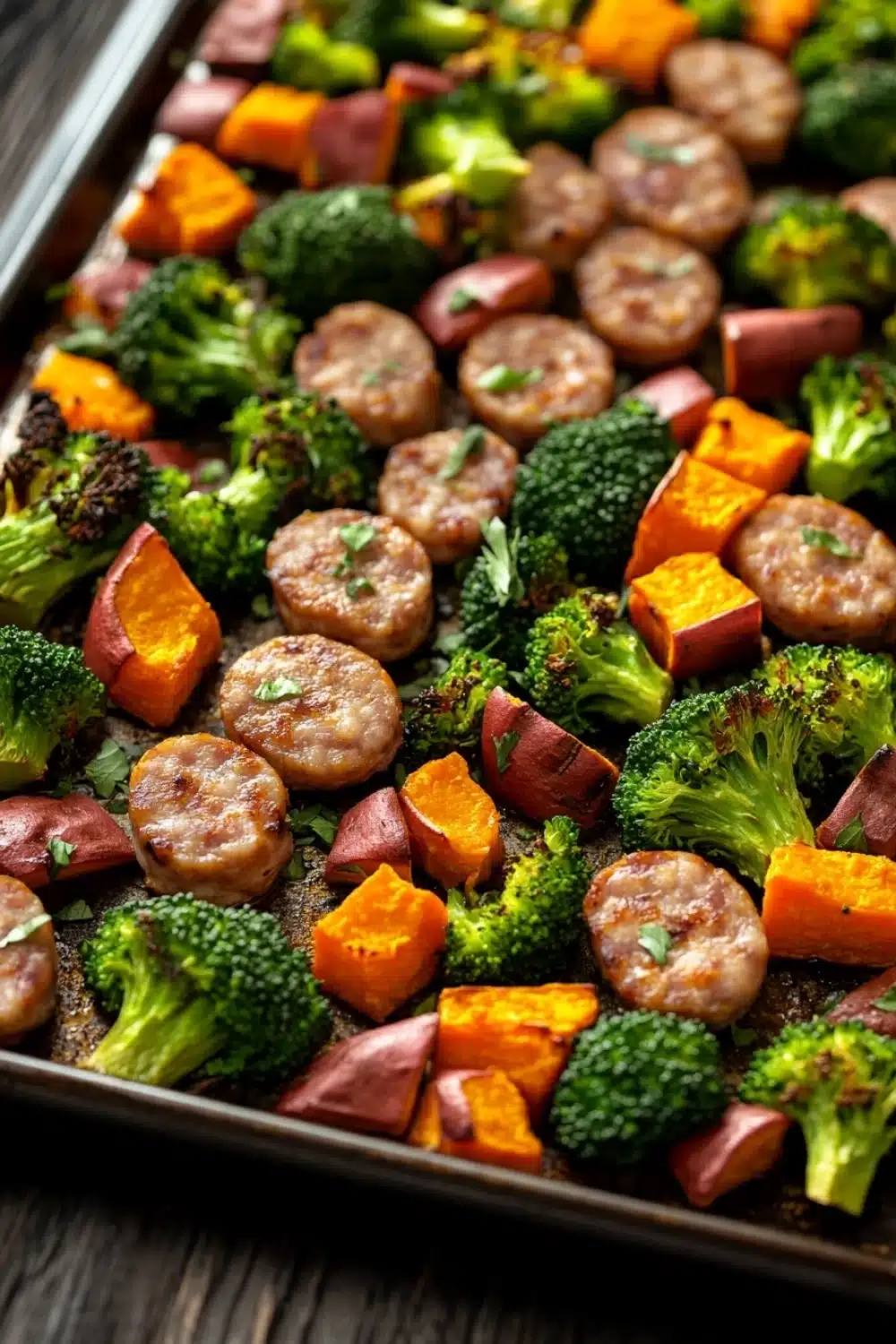 Sheet pan sausage sweet potato broccoli - the image shows a tray of cooked vegetables on a wooden table. the vegetables appear to be broccoli, sweet potatoes, and sausage. the sausage is cut into small cubes and is arranged in a circular pattern on the tray. the broccoli is bright green and the sweet potatoes are orange. the carrots are cut into thin slices and are scattered throughout the tray, with some of them overlapping each other. the tray is lined with parchment paper and there is a sprinkle of herbs on top. the background is blurred, but it appears to be a kitchen countertop.
