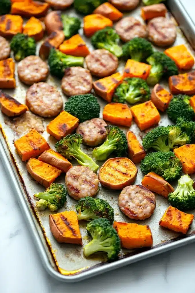Sheet pan sausage sweet potato broccoli - the image shows a baking tray lined with parchment paper. on the tray, there are several pieces of roasted vegetables, including sweet potatoes, broccoli, and sausage. the vegetables are arranged in a single layer on the tray and appear to be seasoned with herbs and spices. the tray is sitting on a white countertop.