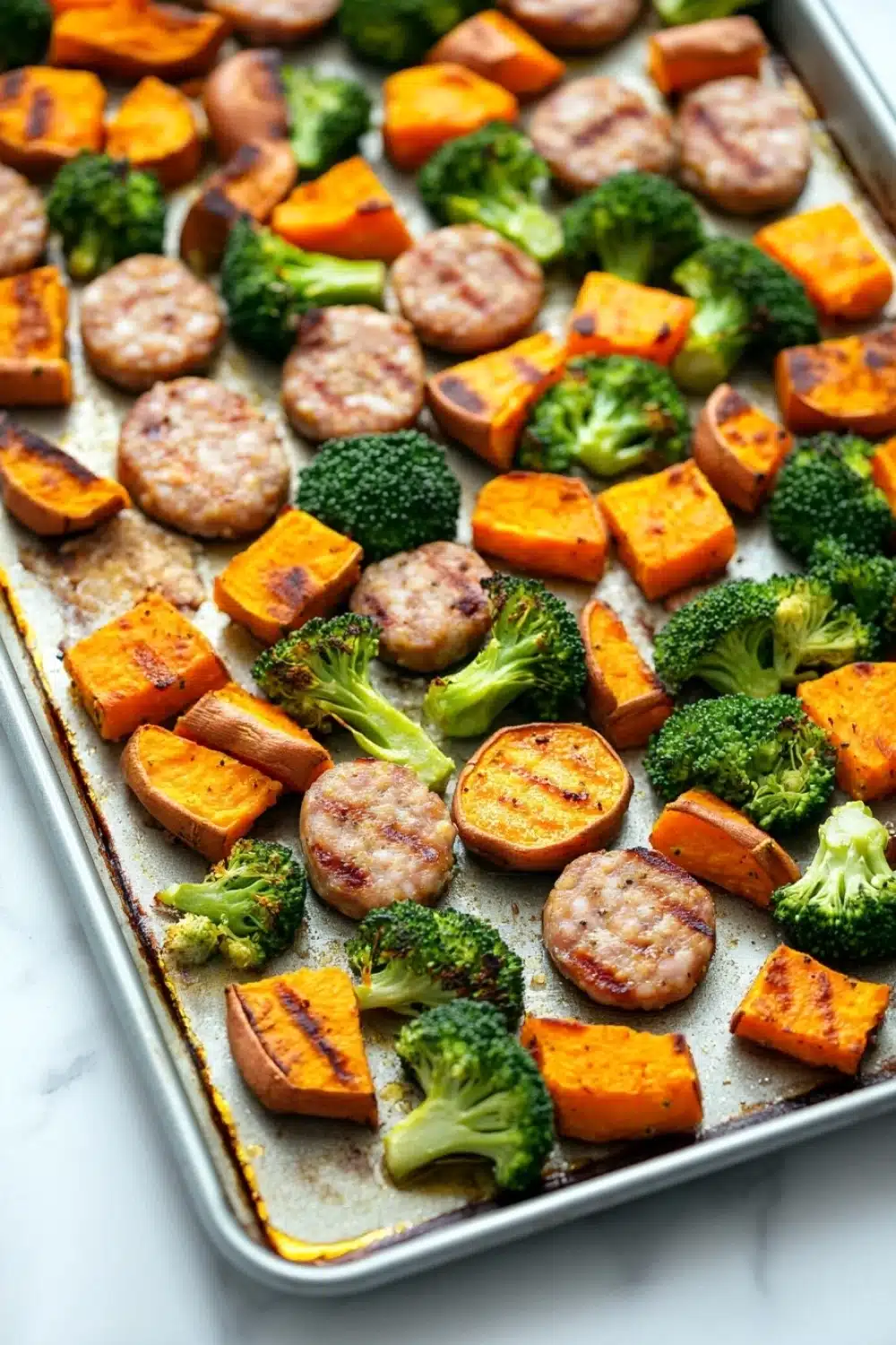 Sheet pan sausage sweet potato broccoli - the image shows a baking tray lined with parchment paper. on the tray, there are several pieces of roasted vegetables, including sweet potatoes, broccoli, and sausage. the vegetables are arranged in a single layer on the tray and appear to be seasoned with herbs and spices. the tray is sitting on a white countertop.