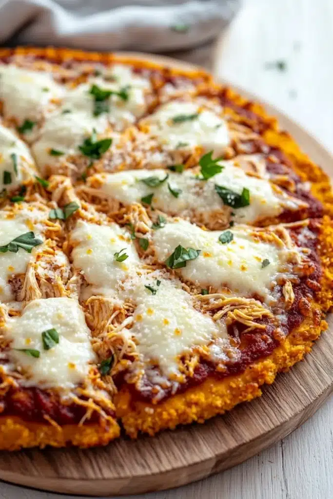 Shredded chicken keto pizza crust - the image is of a freshly baked pizza on a wooden cutting board. the pizza has a golden brown crust and is topped with shredded chicken and melted cheese. the chicken is golden brown and appears to be seasoned with herbs and spices. the cheese is melted and bubbly, and there are small chunks of tomato sauce scattered throughout the pizza. the cutting board is placed on a white wooden table with a white cloth napkin in the background.