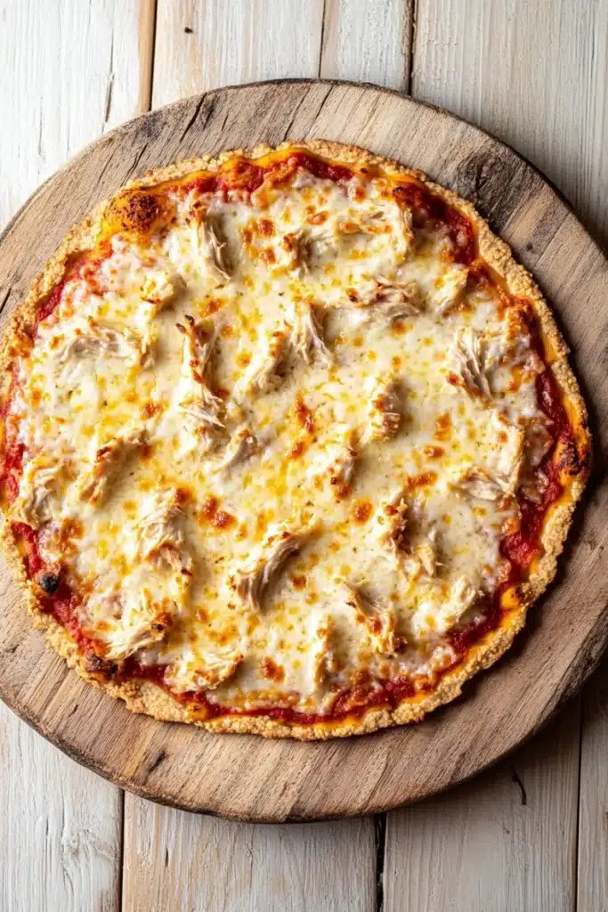 Shredded chicken keto pizza crust - the image is of a round pizza on a wooden cutting board. the pizza has a golden brown crust and is topped with melted cheese and chunks of chicken. the cheese appears to be melted and bubbly, and the chicken is visible on top. the cutting board is placed on a white wooden table. the background is blurred, making the pizza the focal point of the image.