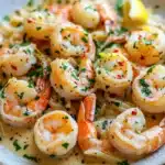 Skillet shrimp scampi - the image shows a plate of cooked shrimp in a creamy sauce. the shrimp are large and pink, and they are arranged in a circular pattern on the plate. the sauce is a light yellow color and appears to be thick and creamy. there are also small pieces of lemon wedges scattered throughout the dish, adding a pop of color. the plate is sitting on a wooden table, and the background is blurred, making the shrimp the focal point of the image.