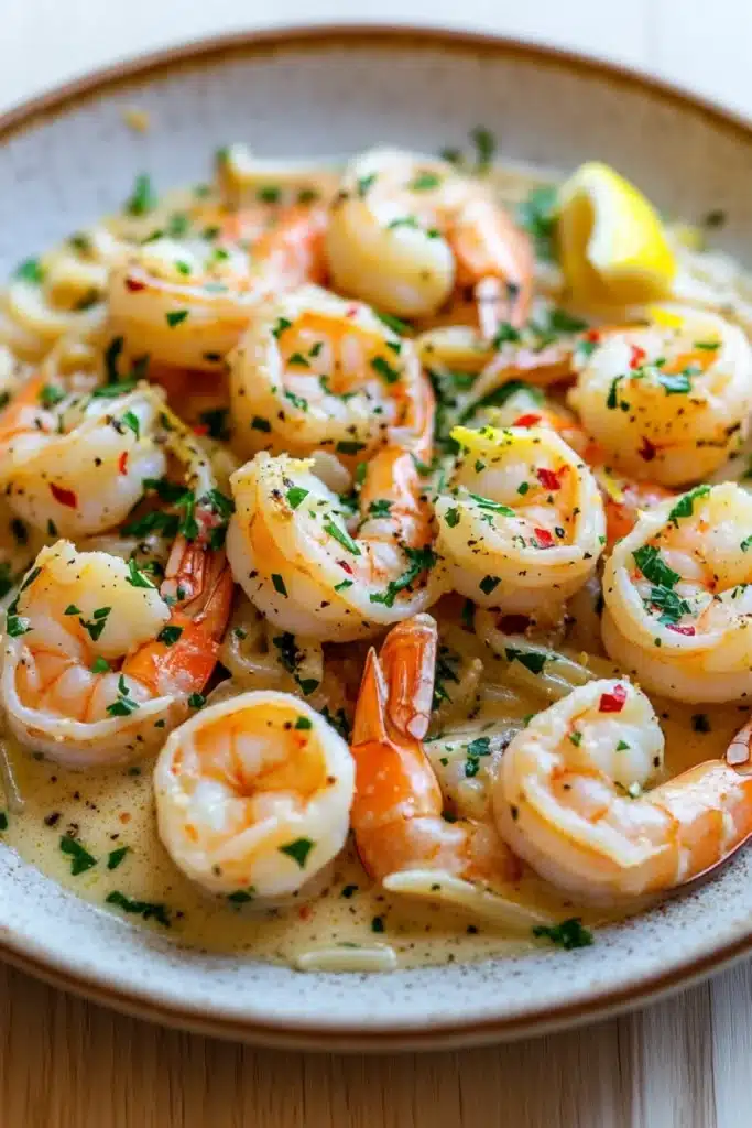 Skillet shrimp scampi - the image shows a plate of cooked shrimp in a creamy sauce. the shrimp are large and pink, and they are arranged in a circular pattern on the plate. the sauce is a light yellow color and appears to be thick and creamy. there are also small pieces of lemon wedges scattered throughout the dish, adding a pop of color. the plate is sitting on a wooden table, and the background is blurred, making the shrimp the focal point of the image.
