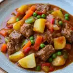 Slow cooker beef kaldereta - the image is a close-up of a dish in a blue ceramic bowl. the dish appears to be a stew or stew with chunks of beef, potatoes, carrots, and peas. the beef is cooked in a rich, dark brown sauce and is surrounded by small chunks of red and green peas and carrots. the potatoes are cut into small cubes and are scattered throughout the dish. the carrots are bright orange and the peas are a vibrant green. the stew is thick and thick, and the dish looks appetizing. the bowl is sitting on a wooden table.