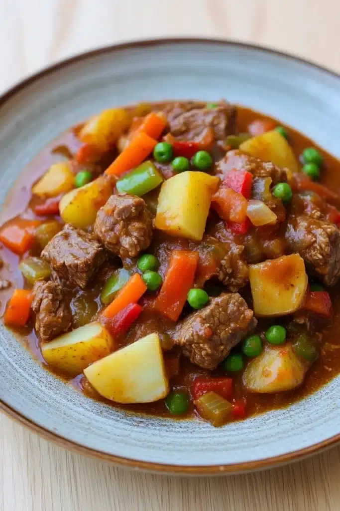 Slow cooker beef kaldereta - the image is a close-up of a dish in a blue ceramic bowl. the dish appears to be a stew or stew with chunks of beef, potatoes, carrots, and peas. the beef is cooked in a rich, dark brown sauce and is surrounded by small chunks of red and green peas and carrots. the potatoes are cut into small cubes and are scattered throughout the dish. the carrots are bright orange and the peas are a vibrant green. the stew is thick and thick, and the dish looks appetizing. the bowl is sitting on a wooden table.